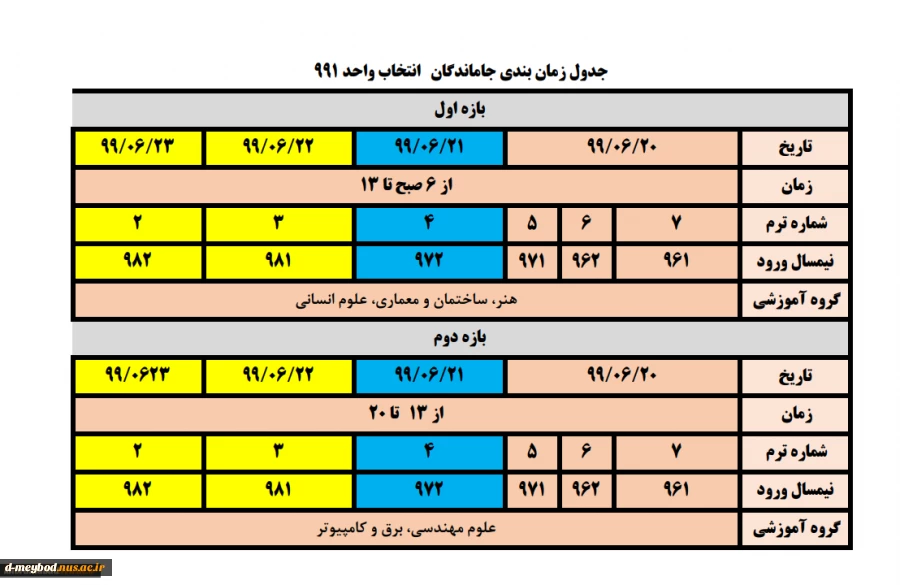 جدول زمان بندی جاماندگان انتخاب واحد 991
 2